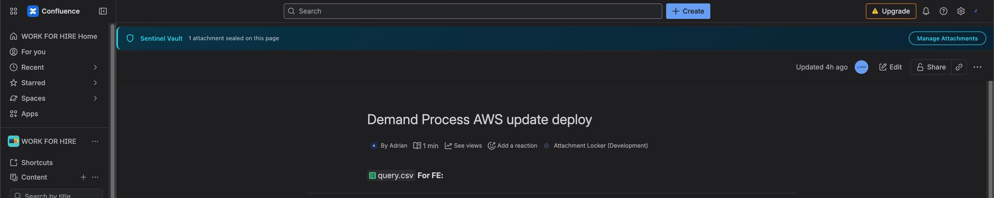 Sentinel Vault page banner showing sealed attachment count