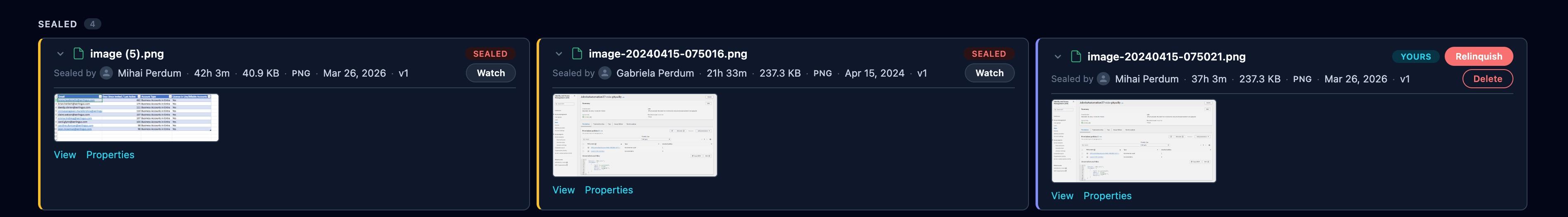 Expanded card rows showing thumbnail previews and metadata