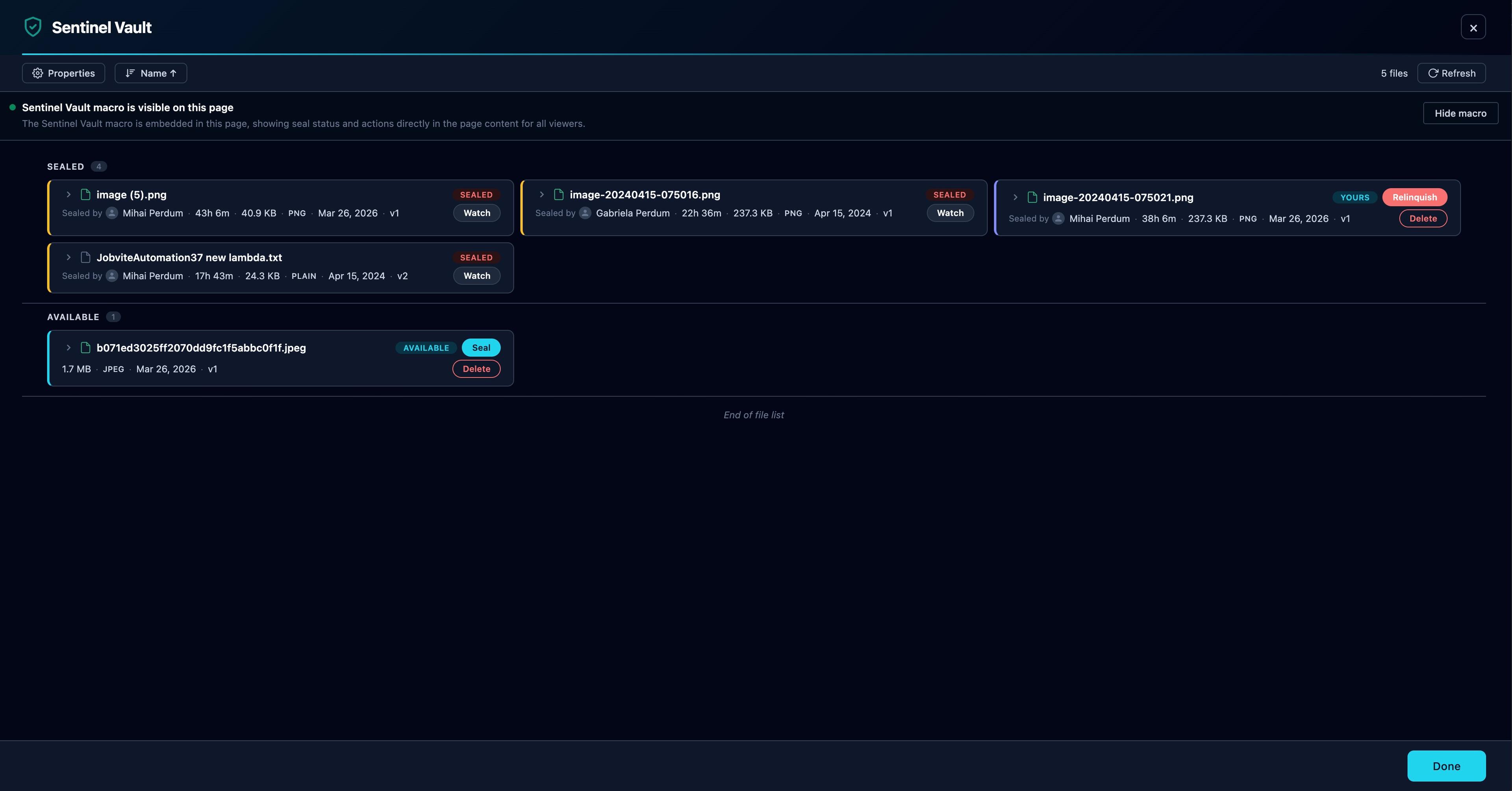 Sentinel Vault overlay showing attachment management interface