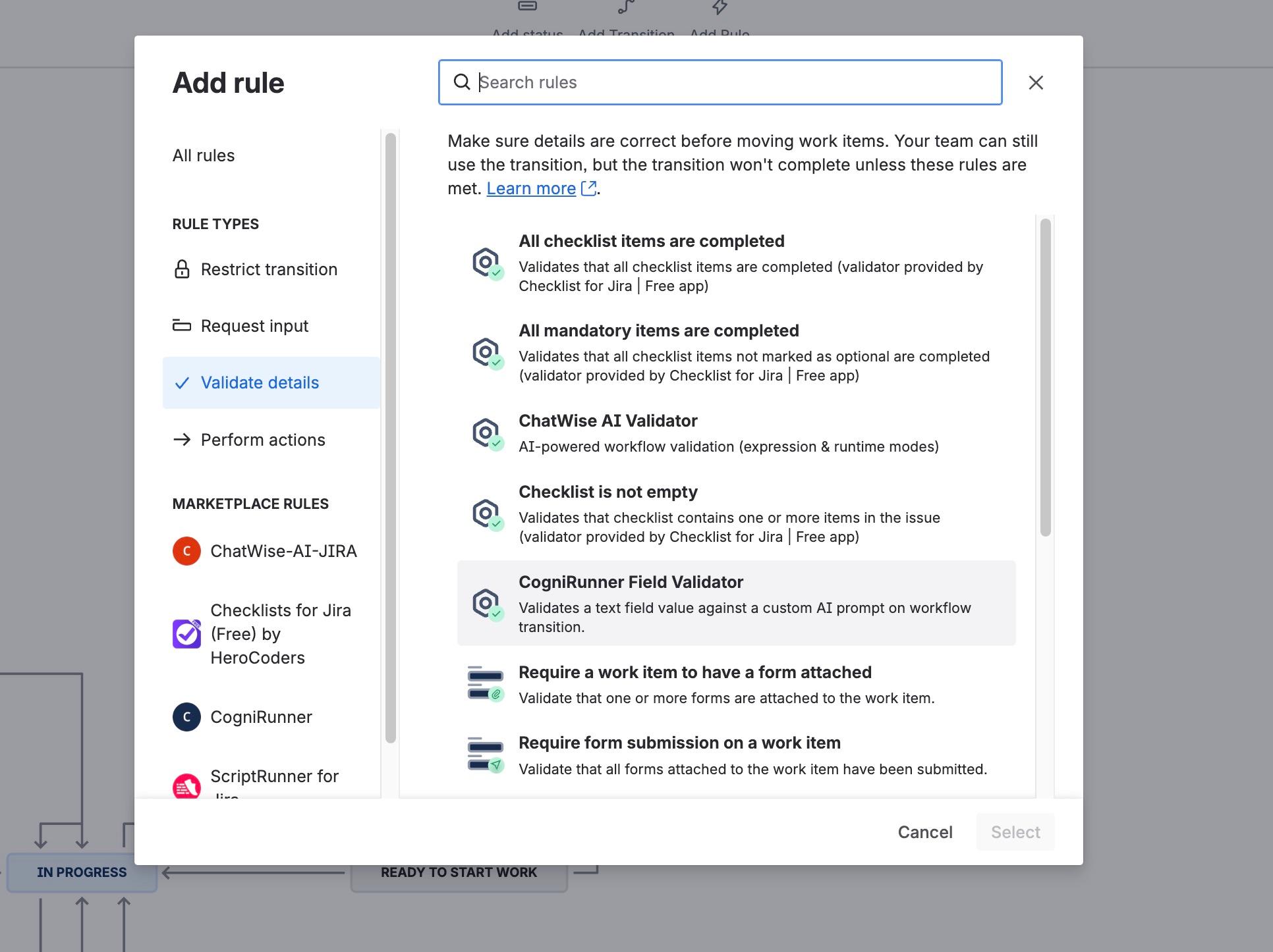 Add rule dialog showing CogniRunner Field Validator selected