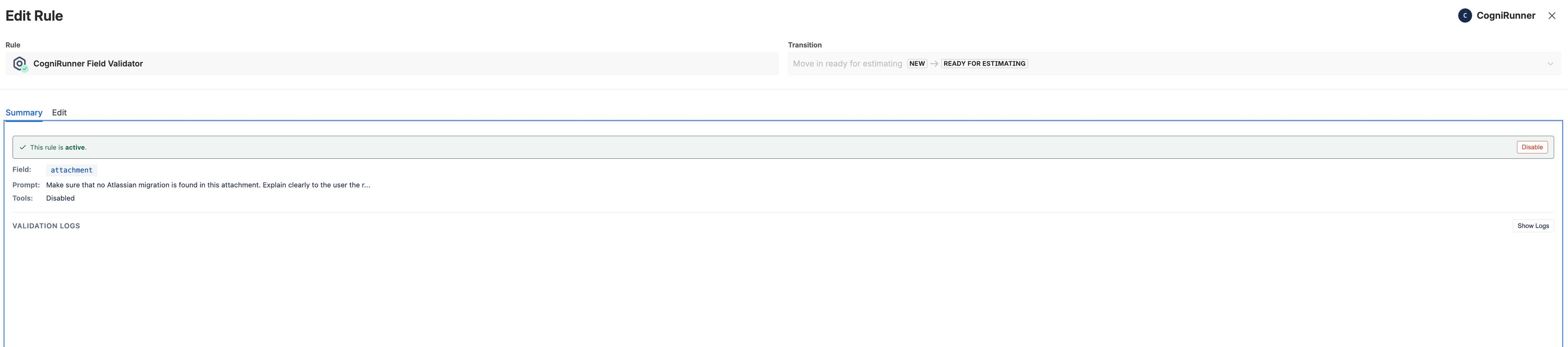 Rule summary showing active state
