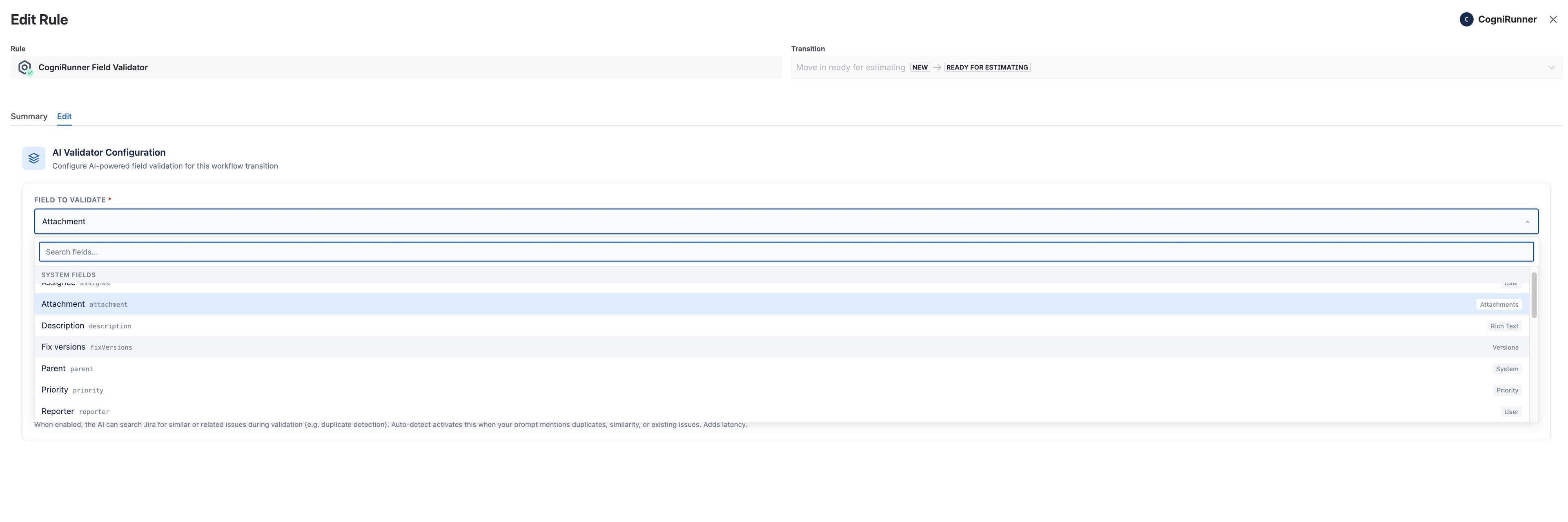Field selector dropdown open showing system fields