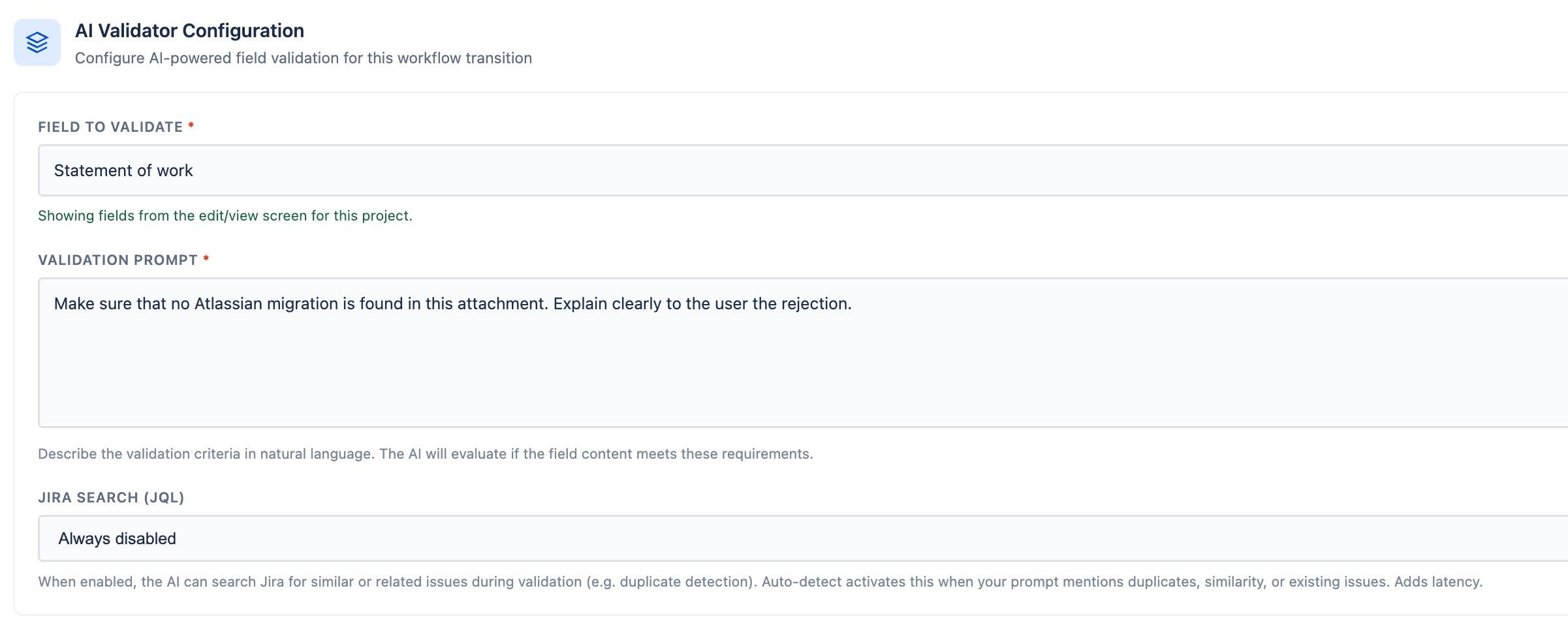 CogniRunner configuration form with field selector, prompt, and JQL options