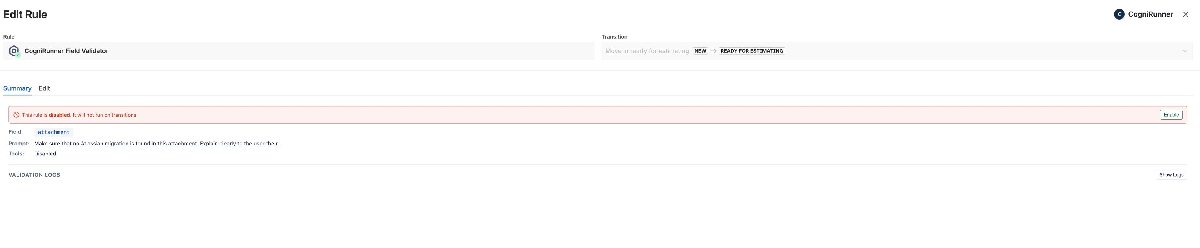 Rule summary showing disabled state