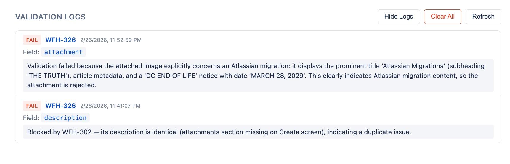 Validation logs showing two failed validations with AI reasoning