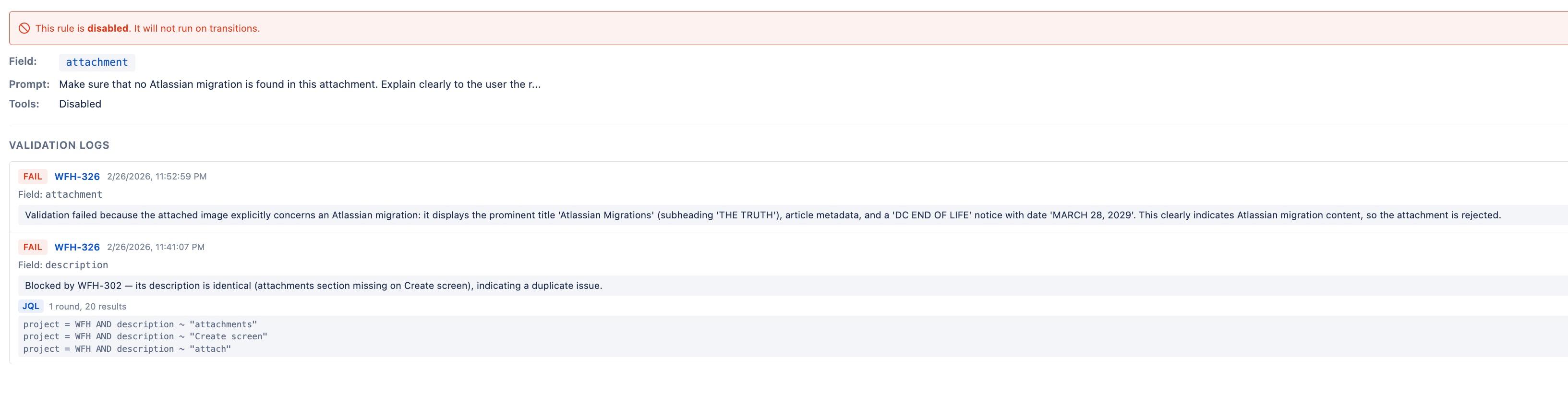 Validation log showing JQL queries used during duplicate detection
