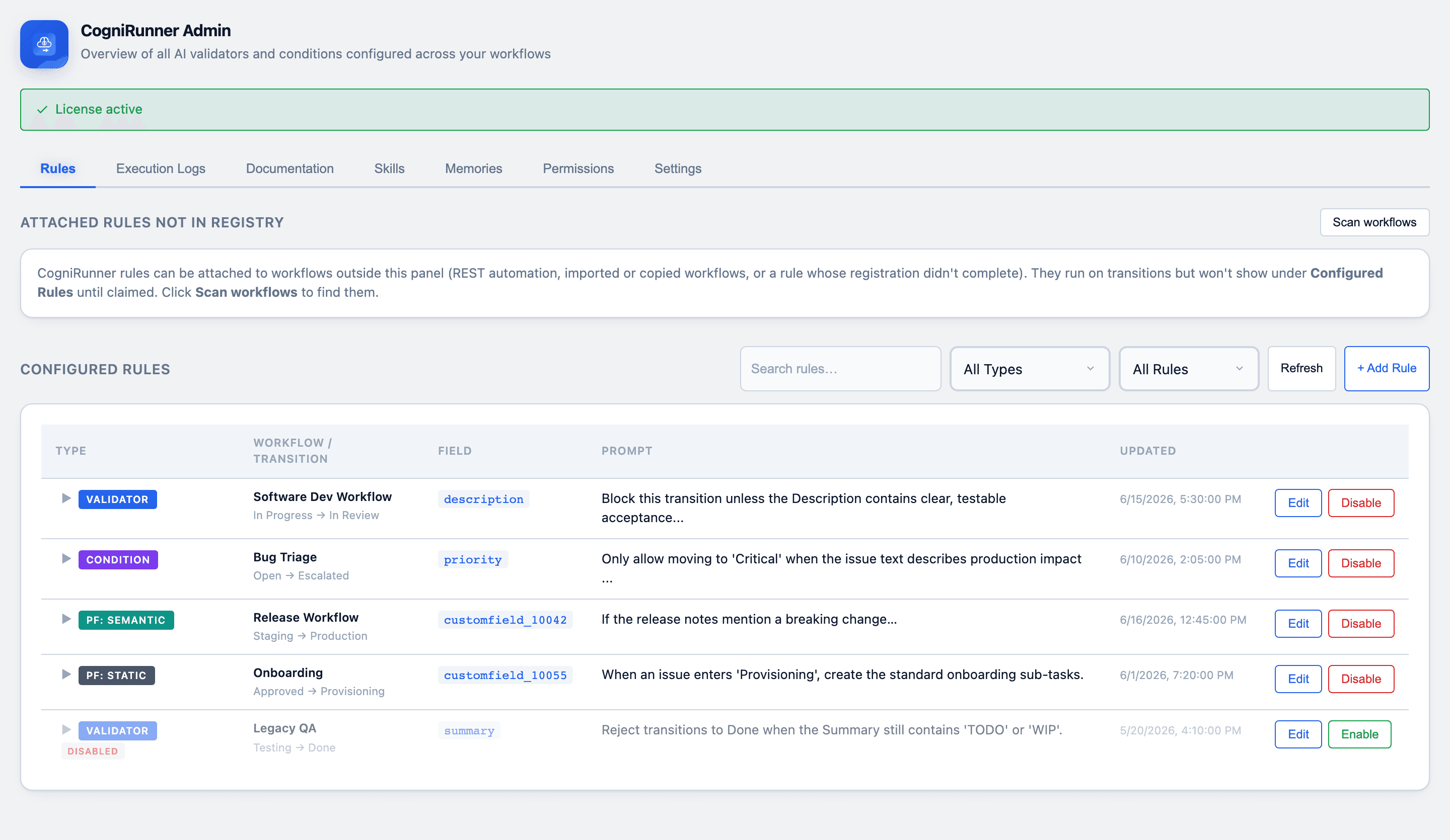 CogniRunner Admin panel Rules tab showing all configured rules with type badges