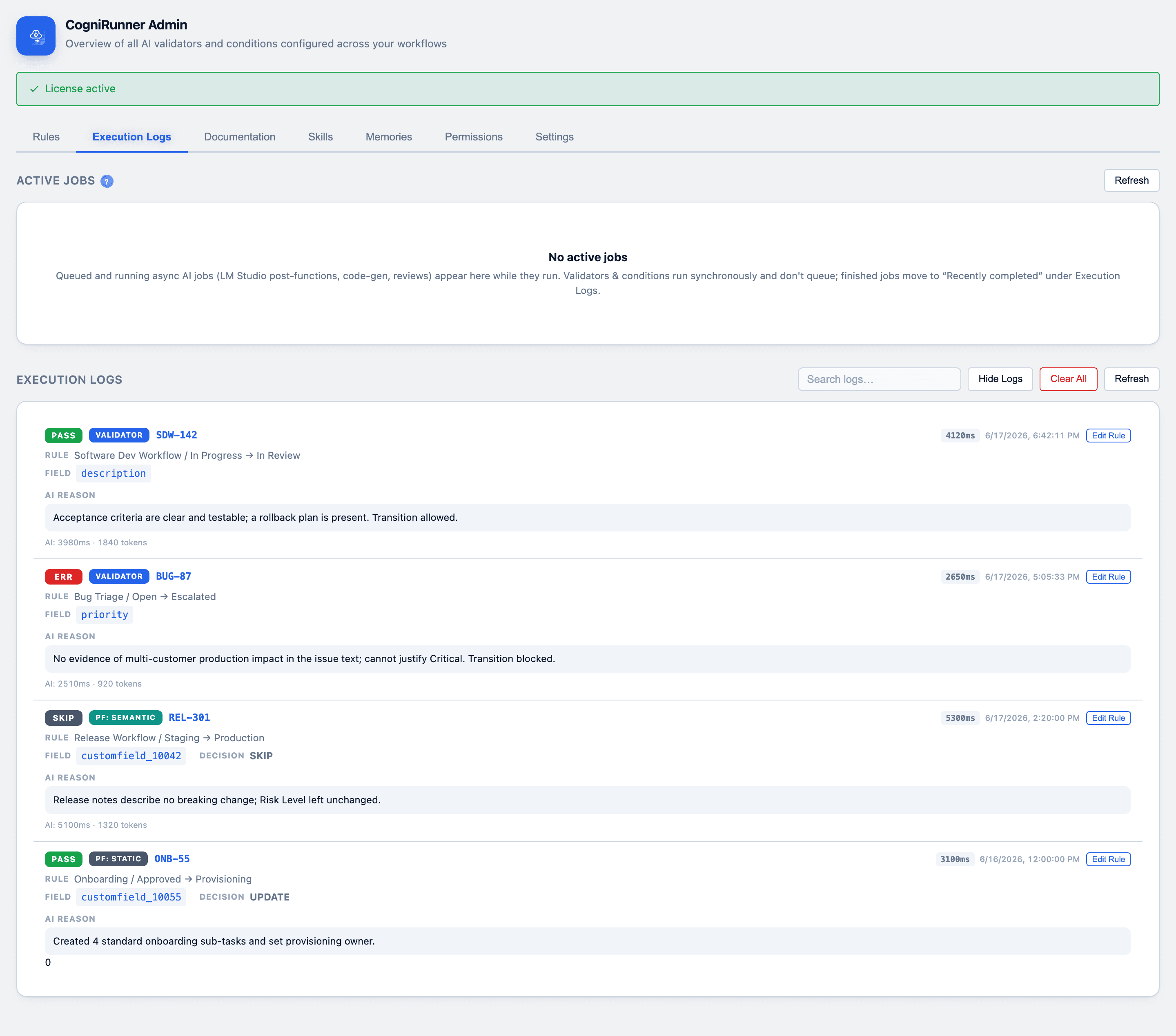 CogniRunner execution logs with status, type badges, and AI reasoning