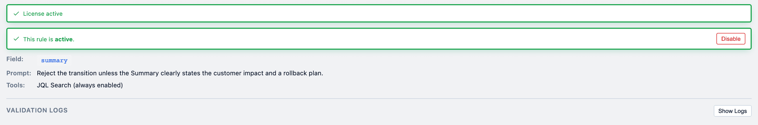 Rule summary showing active state