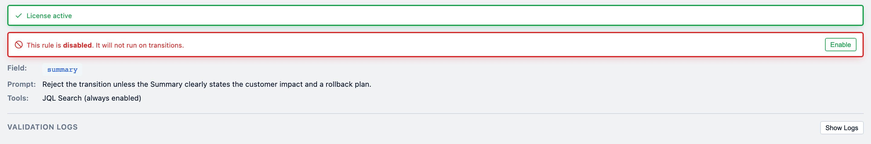 Rule summary showing disabled state