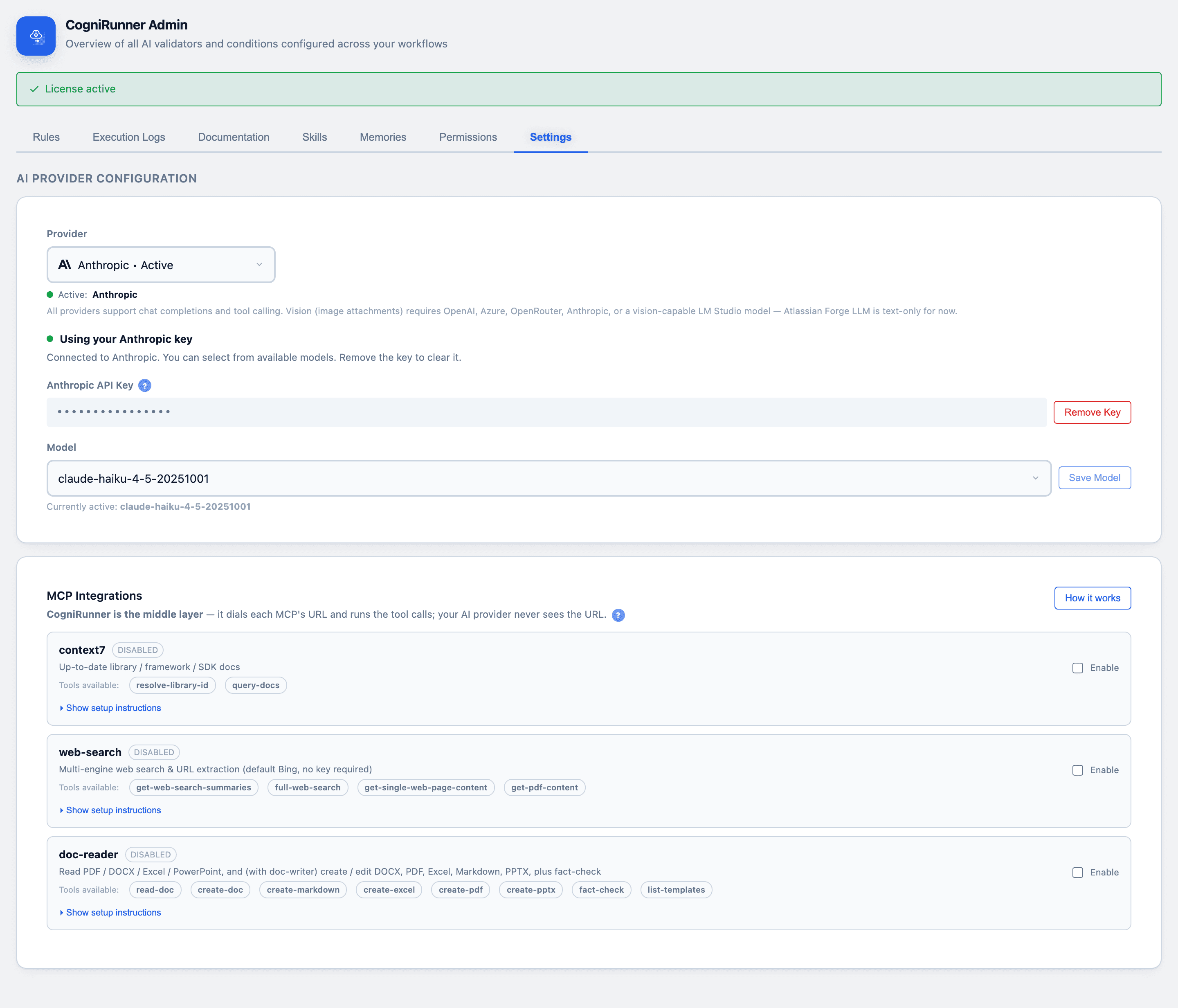 CogniRunner Settings tab with AI provider selector, masked key, and model dropdown