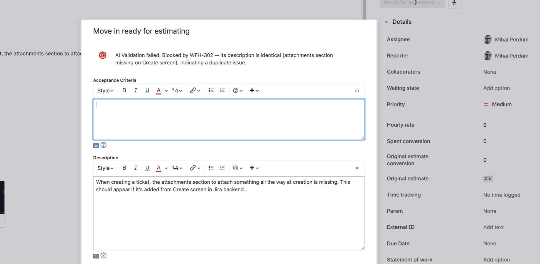 Jira transition blocked by CogniRunner AI validation