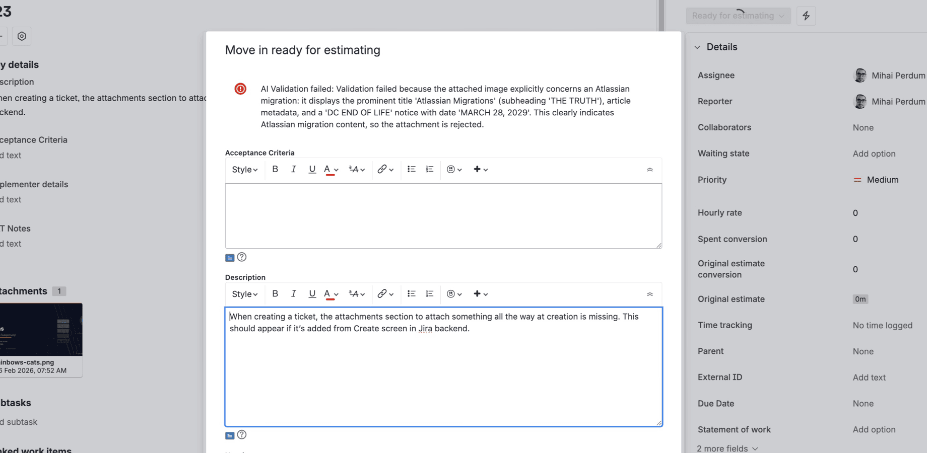 AI validation analyzing an attached image and rejecting the transition