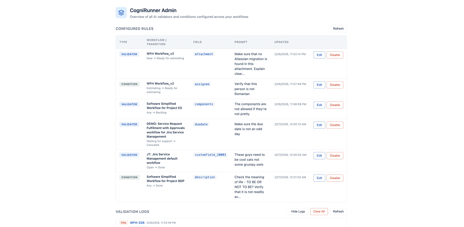 CogniRunner Admin panel showing all configured rules and validation logs