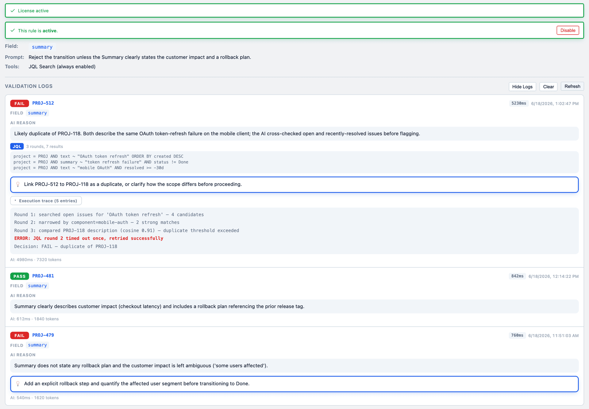 An agentic validation log: three rounds of JQL, a high-confidence match against PROJ-118, a JQL timeout that was retried, and a final block decision — every step recorded.
