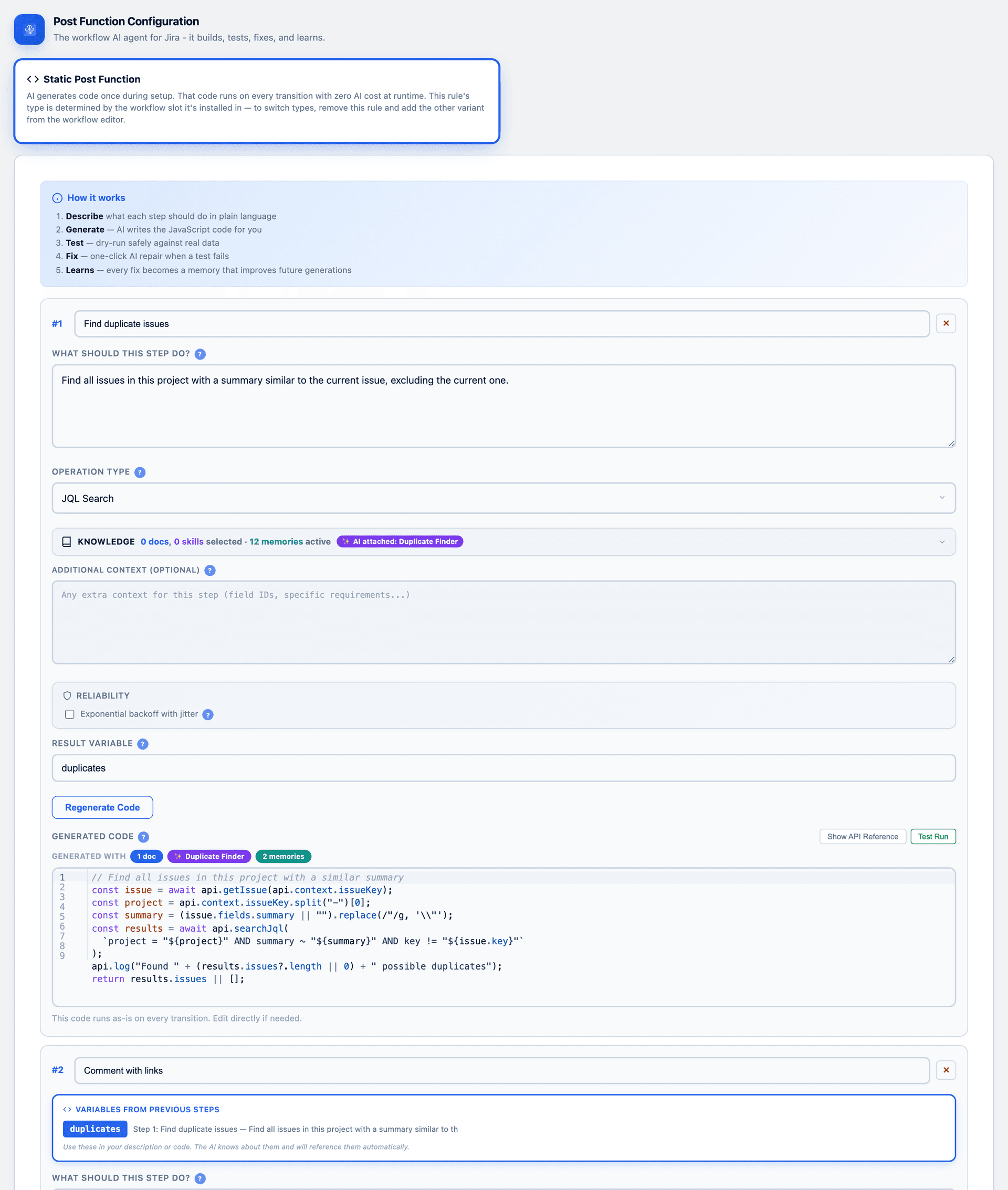 The Function Builder: describe each step in plain English, generate the code, and it runs at zero AI cost once published — steps chain by passing variables.